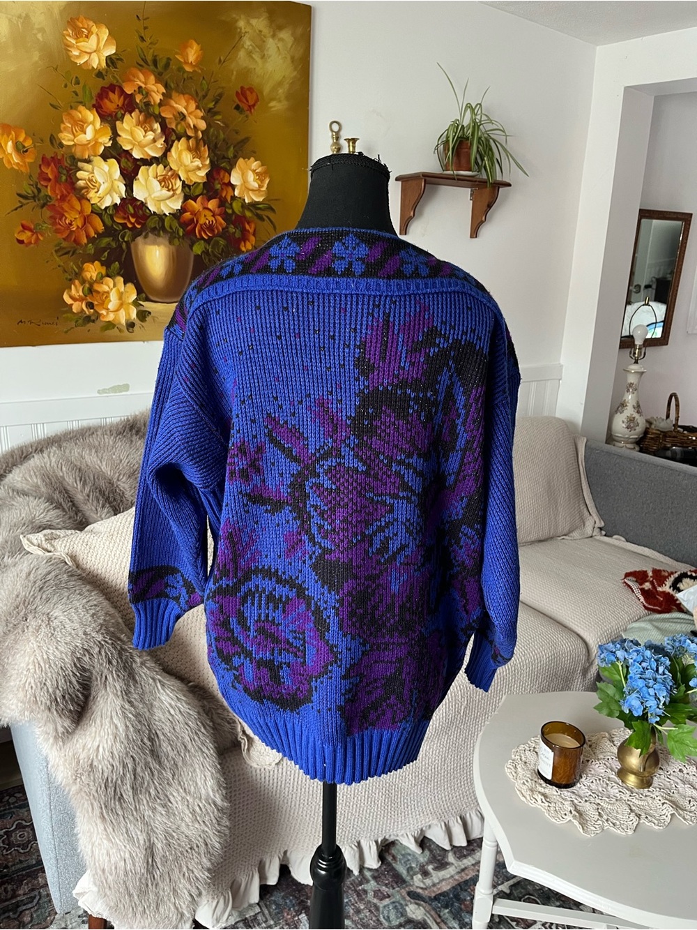 Vintage Blue & Purple Floral Knit Sweater Size XL-1X
